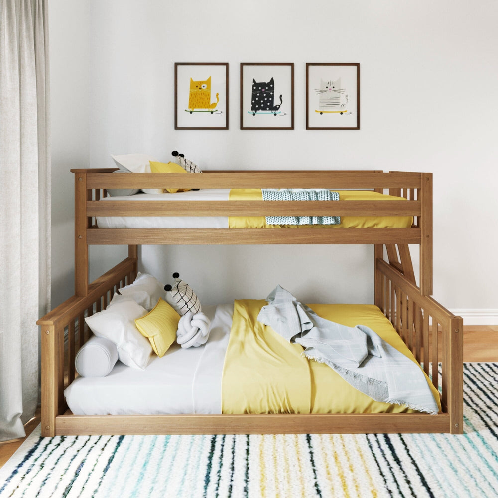 Max and Lily Twin Over Full Low Bunk Bed in Pecan - front view in a bedroom with framed cat art and yellow and white bedding