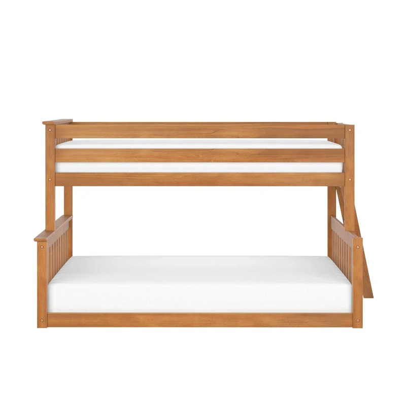 Max and Lily Twin Over Full Low Bunk Bed in Pecan - straight front view on a white background showing both the twin upper and full lower levels