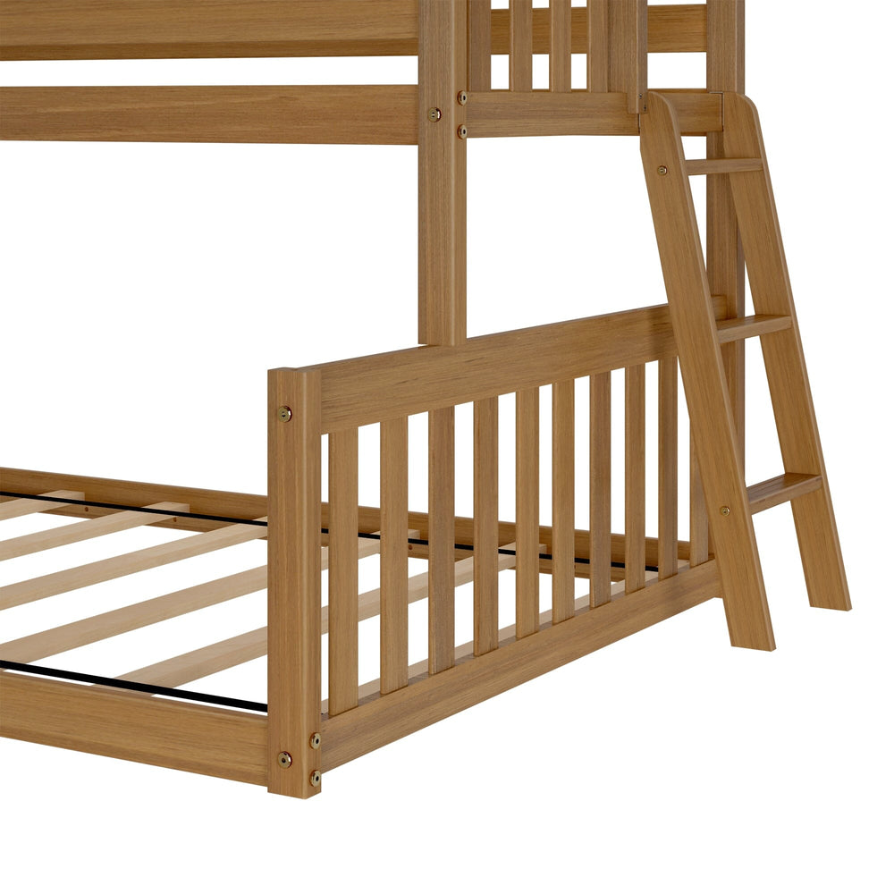 Max and Lily Twin Over Full Low Bunk Bed in Pecan - close-up of the lower full bed foot end and the angled ladder attachment
