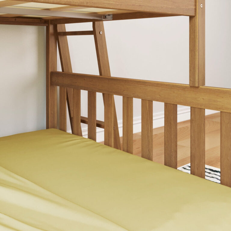 Max and Lily Twin Over Full Low Bunk Bed in Pecan - detail of the angled ladder attached beneath the upper bunk