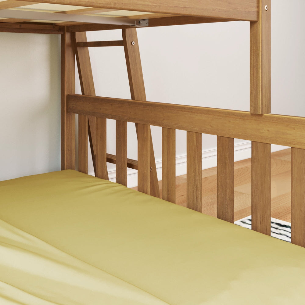 Max and Lily Twin Over Full Low Bunk Bed in Pecan - detail of the angled ladder attached beneath the upper bunk