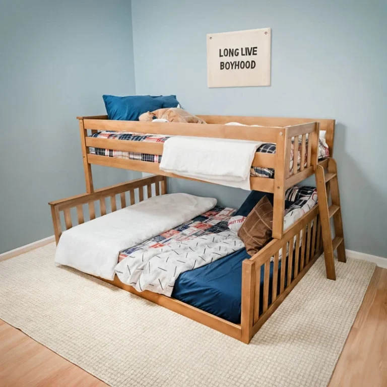 Max and Lily Twin Over Full Low Bunk Bed in Pecan - styled in a boy's bedroom with plaid and navy bedding, safety guardrails, and an angled side ladder