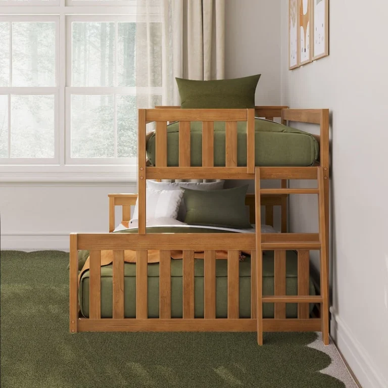 Max and Lily Twin Over Full Low Bunk Bed in Pecan - angled foot-end view in a room with green bedding and the side ladder