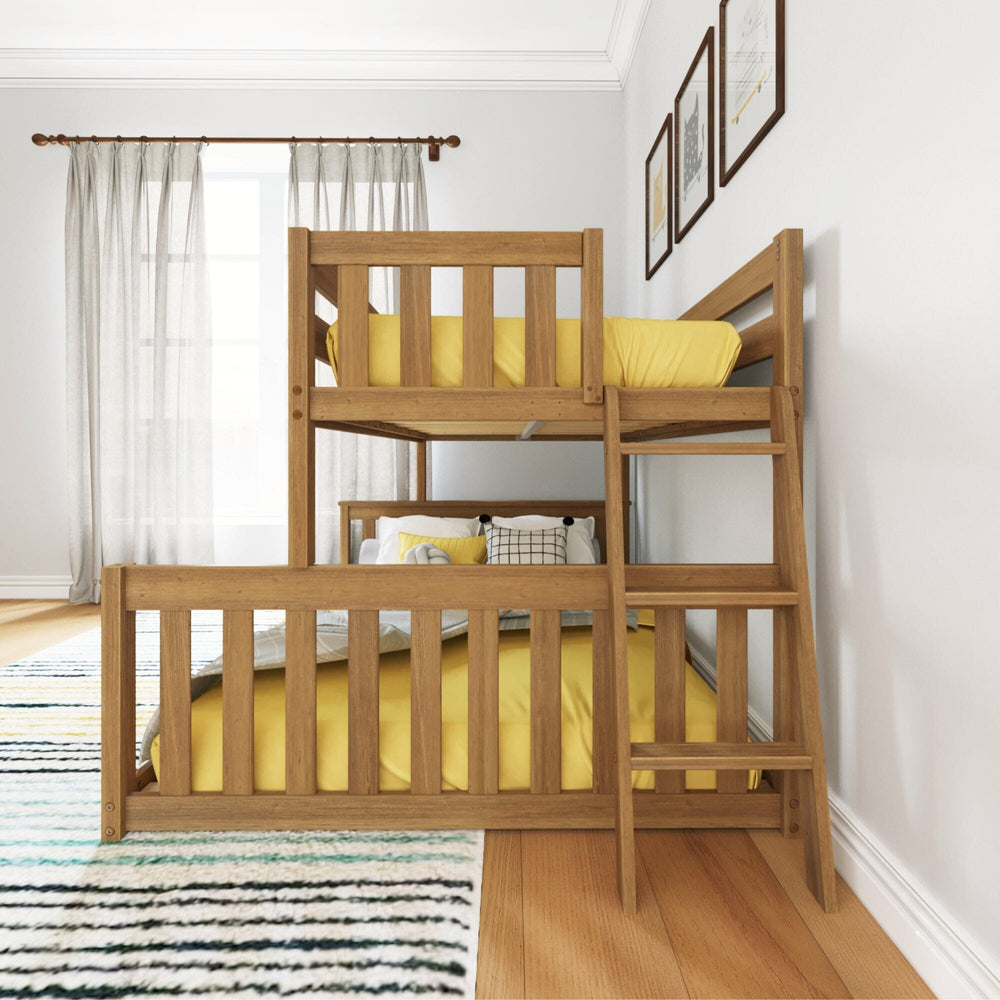 Max and Lily Twin Over Full Low Bunk Bed in Pecan - foot-end angle in a bedroom with sheer curtains and yellow mattresses showing the angled ladder