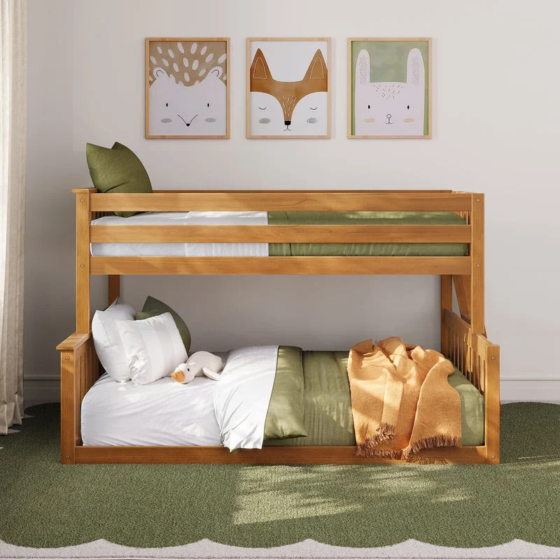Max and Lily Twin Over Full Low Bunk Bed in Pecan - front view in a kids room with white and green bedding beneath framed animal prints