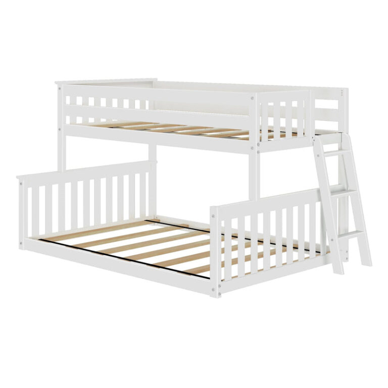 Max and Lily Twin Over Full Low Bunk Bed in White - three-quarter product view on a white background showing the slatted guardrails, exposed slat mattress bases, and angled ladder.