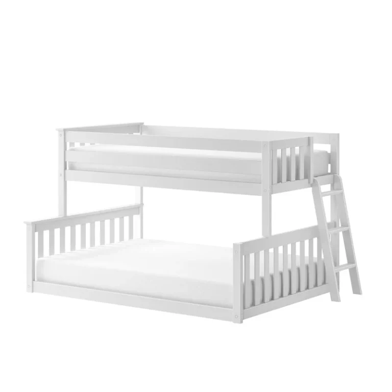 Max and Lily Twin Over Full Low Bunk Bed in White - angled studio view on a plain background showing the offset twin-over-full frame with side ladder.