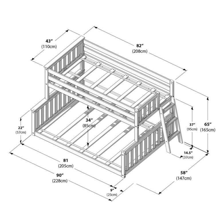 Max and Lily Twin Over Full Low Bunk Bed in White - dimensions diagram labeling the bunk bed measurements in inches and centimeters.