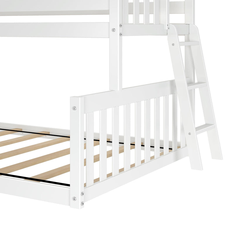Max and Lily Twin Over Full Low Bunk Bed in White - close-up of the lower bed's guardrail and the angled ladder connecting to the upper bunk.