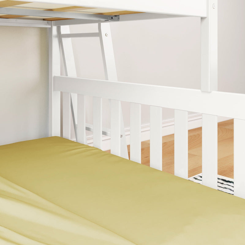 Max and Lily Twin Over Full Low Bunk Bed in White - detail of the angled ladder and guardrail above the lower full mattress.