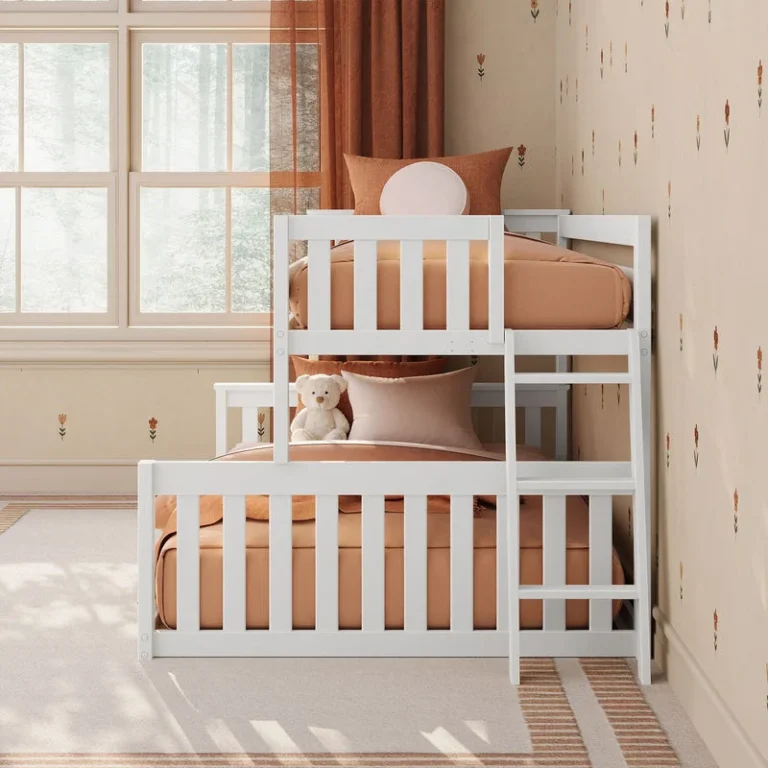 Max and Lily Twin Over Full Low Bunk Bed in White - corner room scene showing the staggered bunks and angled ladder in a sunlit bedroom.