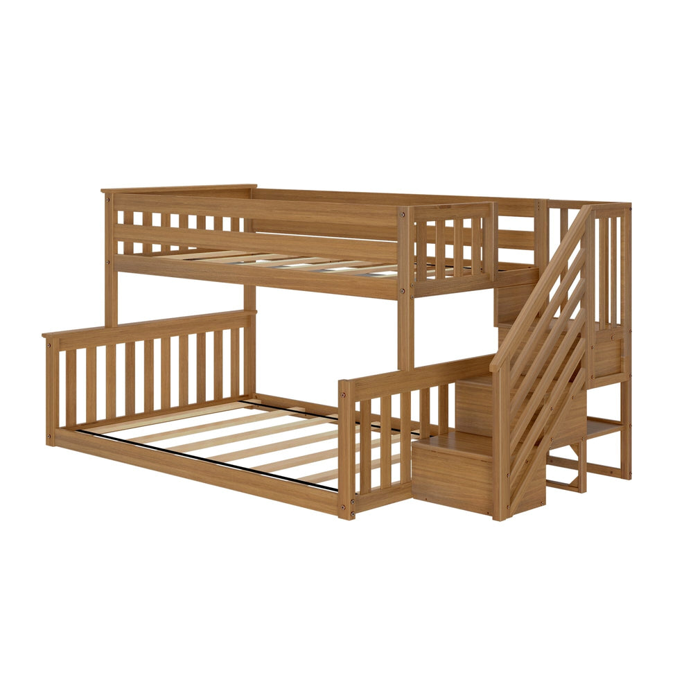 Max And Lily Twin Over Full Low Bunk Bed With Stairs Pecan Angle View Max and Lily Twin Over Full Low Bunk Bed With Stairs in Pecan - angled studio view on a white background showing the slatted bunk frame and staircase with railings.