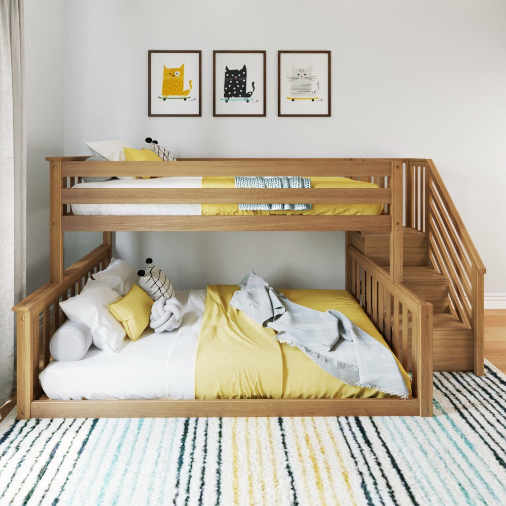 Max And Lily Twin Over Full Low Bunk Bed With Stairs Pecan Front View 2 Max and Lily Twin Over Full Low Bunk Bed With Stairs in Pecan - front view of the twin-over-full low bunk with a side staircase and yellow bedding in a child's room.