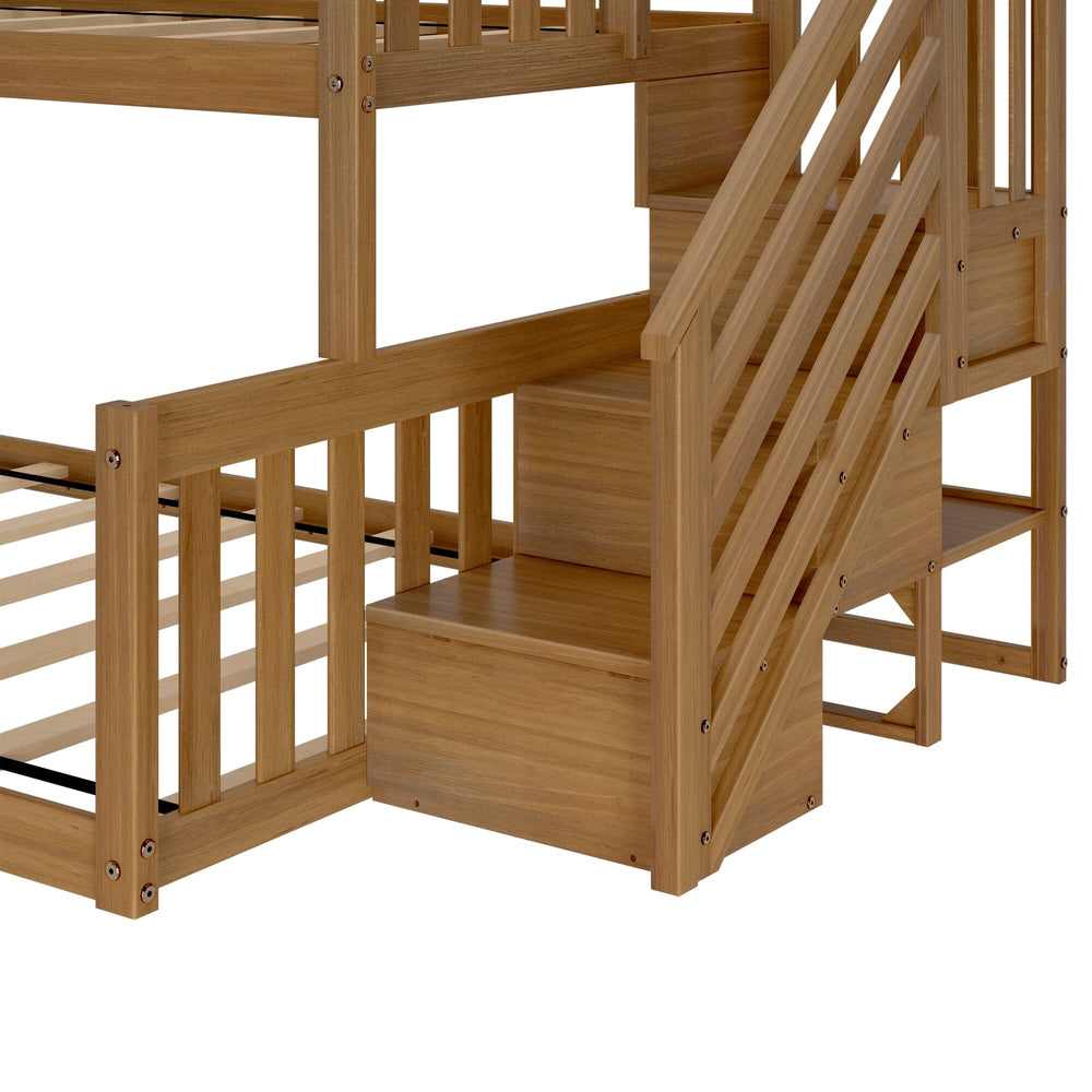 Max And Lily Twin Over Full Low Bunk Bed With Stairs Pecan Staircase Detail 4 Max and Lily Twin Over Full Low Bunk Bed With Stairs in Pecan - close-up of the staircase steps and guardrails where the stairs join the lower bunk.