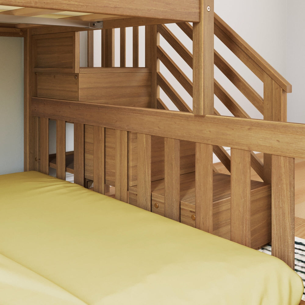 Max And Lily Twin Over Full Low Bunk Bed With Stairs Pecan Staircase Detail 5 Max and Lily Twin Over Full Low Bunk Bed With Stairs in Pecan - detail of the staircase treads and guardrail next to the lower bunk mattress.