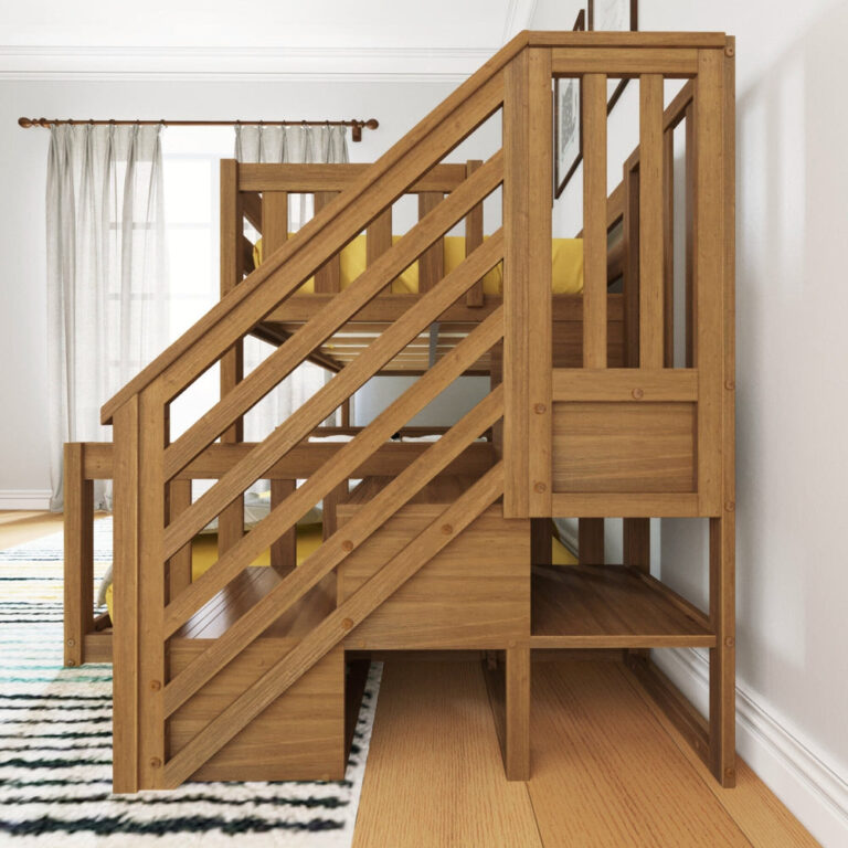 Max And Lily Twin Over Full Low Bunk Bed With Stairs Pecan Staircase Detail 6 Max and Lily Twin Over Full Low Bunk Bed With Stairs in Pecan - angled close-up of the staircase with handrails and open space beneath the steps.