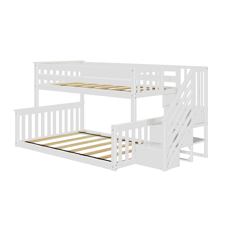 Max And Lily Twin Over Full Low Bunk Bed With Stairs White Angle View Max and Lily Twin Over Full Low Bunk Bed With Stairs in White - angled studio view showing the slatted platforms and side staircase on a plain background