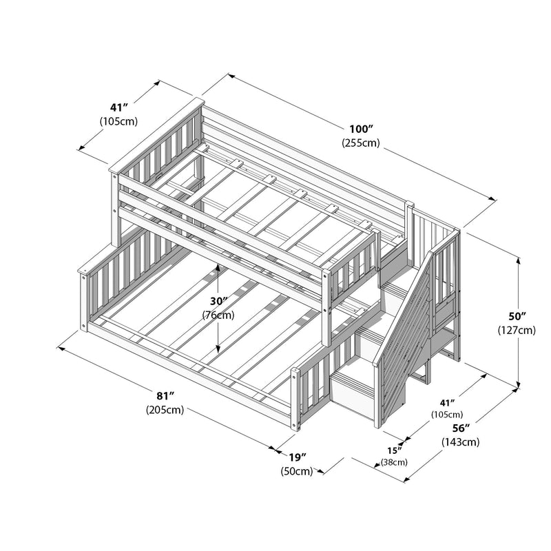 Max And Lily Twin Over Full Low Bunk Bed With Stairs White Dimensions Diagram Max and Lily Twin Over Full Low Bunk Bed With Stairs in White - dimensions diagram listing the bed's measurements in inches and centimetres