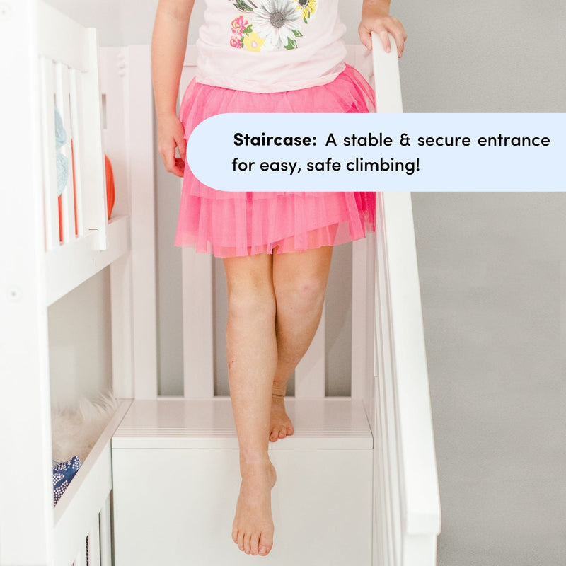 Max And Lily Twin Over Full Low Bunk Bed With Stairs White Staircase Detail 16 Max and Lily Twin Over Full Low Bunk Bed With Stairs in White - a child standing on a staircase step demonstrating the stable, secure climbing entrance