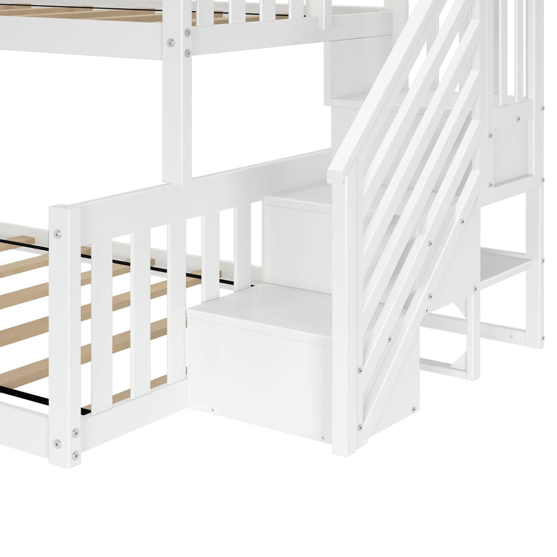 Max And Lily Twin Over Full Low Bunk Bed With Stairs White Staircase Detail 4 Max and Lily Twin Over Full Low Bunk Bed With Stairs in White - close-up of the built-in staircase steps beside the lower bed guardrail