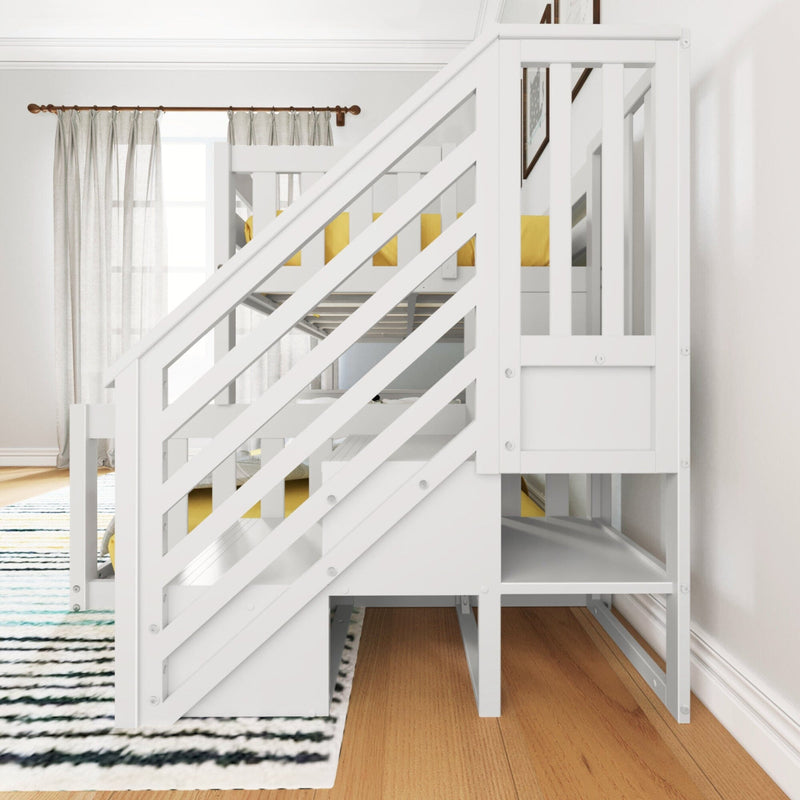 Max And Lily Twin Over Full Low Bunk Bed With Stairs White Staircase Detail 6 Max and Lily Twin Over Full Low Bunk Bed With Stairs in White - side view of the staircase and steps with open space beneath in a styled bedroom