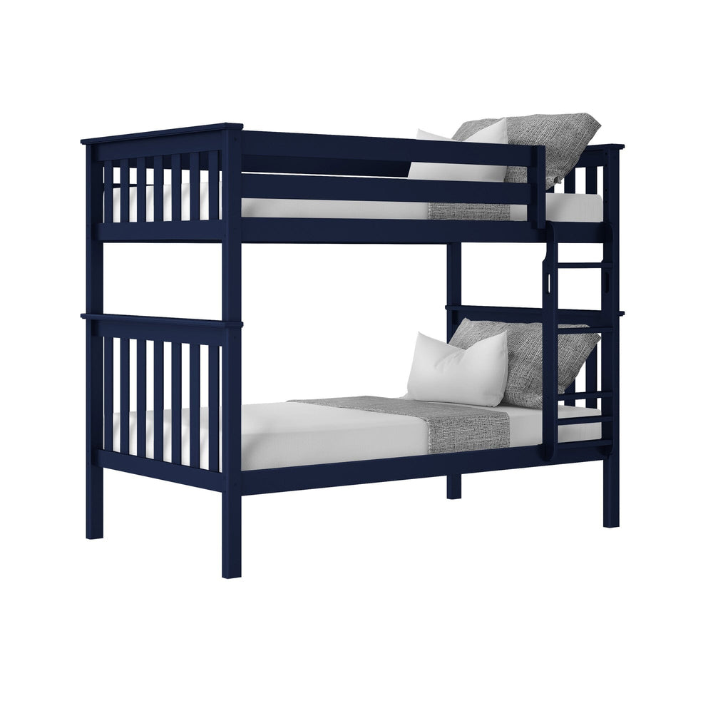 Max And Lily Twin Over Twin Bunk Bed Blue Angle View Max and Lily Twin Over Twin Bunk Bed in Blue - angled studio view with made-up mattresses, full-length upper guardrails and end-mounted ladder