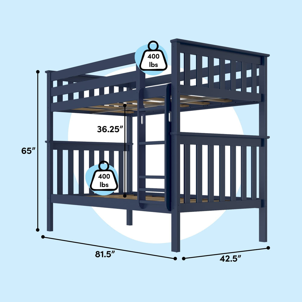 Max And Lily Twin Over Twin Bunk Bed Blue Dimensions Diagram Max and Lily Twin Over Twin Bunk Bed in Blue - dimensions diagram showing overall height, length, width, bunk spacing and weight capacity for each bunk