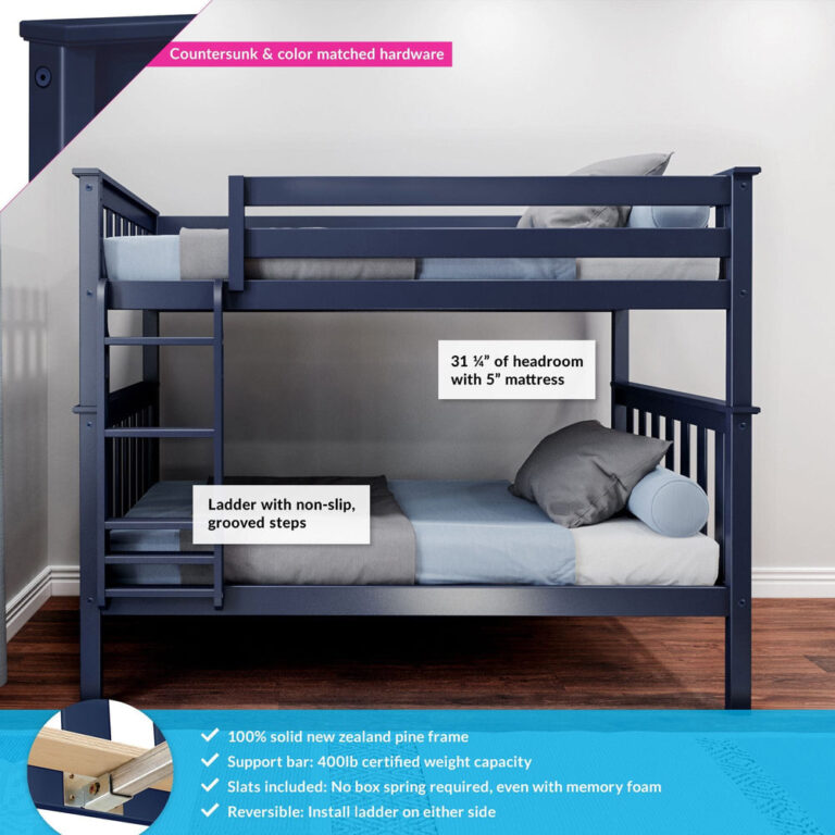 Max And Lily Twin Over Twin Bunk Bed Blue Features Diagram Max and Lily Twin Over Twin Bunk Bed in blue - front view with feature callouts for headroom, non-slip grooved ladder steps, countersunk hardware, solid pine frame, certified support bar and included slats
