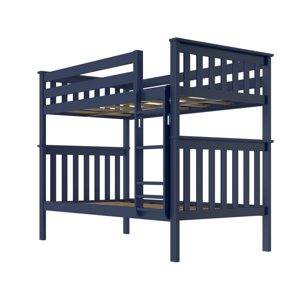 Max And Lily Twin Over Twin Bunk Bed Blue Frame With Slats Max and Lily Twin Over Twin Bunk Bed in Blue - bare frame from the rear angle showing the included wood slat supports on both bunks, so no box spring is needed
