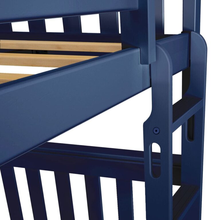 Max And Lily Twin Over Twin Bunk Bed Blue Ladder Detail Max and Lily Twin Over Twin Bunk Bed in Blue - close-up of the hook-on ladder attachment with hand-hold cutout, grooved steps and wood slat supports
