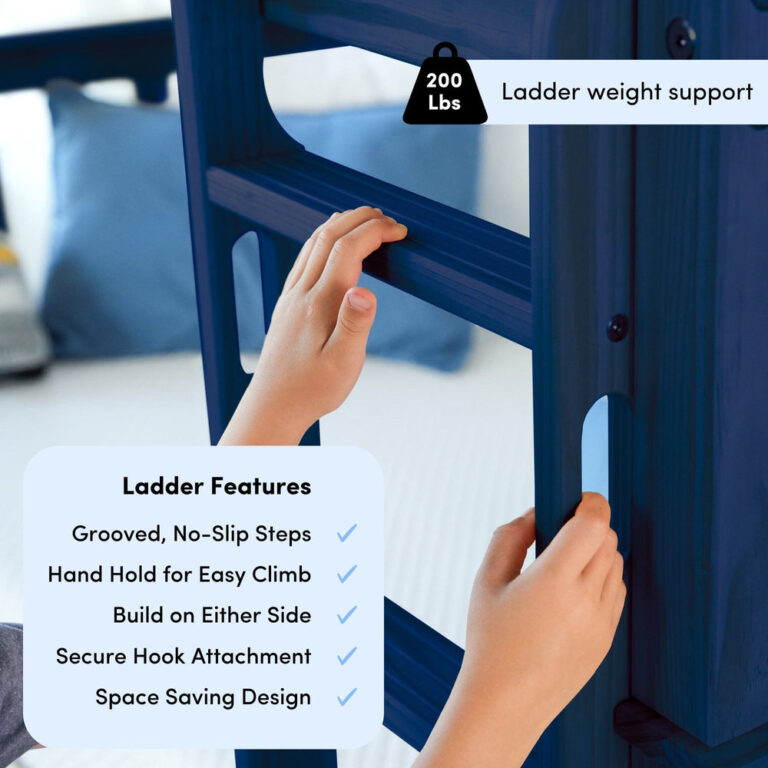 Max And Lily Twin Over Twin Bunk Bed Blue Ladder Features Max and Lily Twin Over Twin Bunk Bed in Blue - close-up of a child's hands on the ladder with callouts for grooved no-slip steps, hand hold, either-side installation, secure hook attachment and weight support