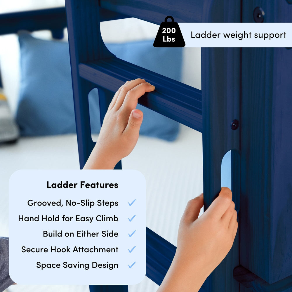 Max And Lily Twin Over Twin Bunk Bed Blue Ladder Features Max and Lily Twin Over Twin Bunk Bed in Blue - close-up of a child's hands on the ladder with callouts for grooved no-slip steps, hand hold, either-side installation, secure hook attachment and weight support