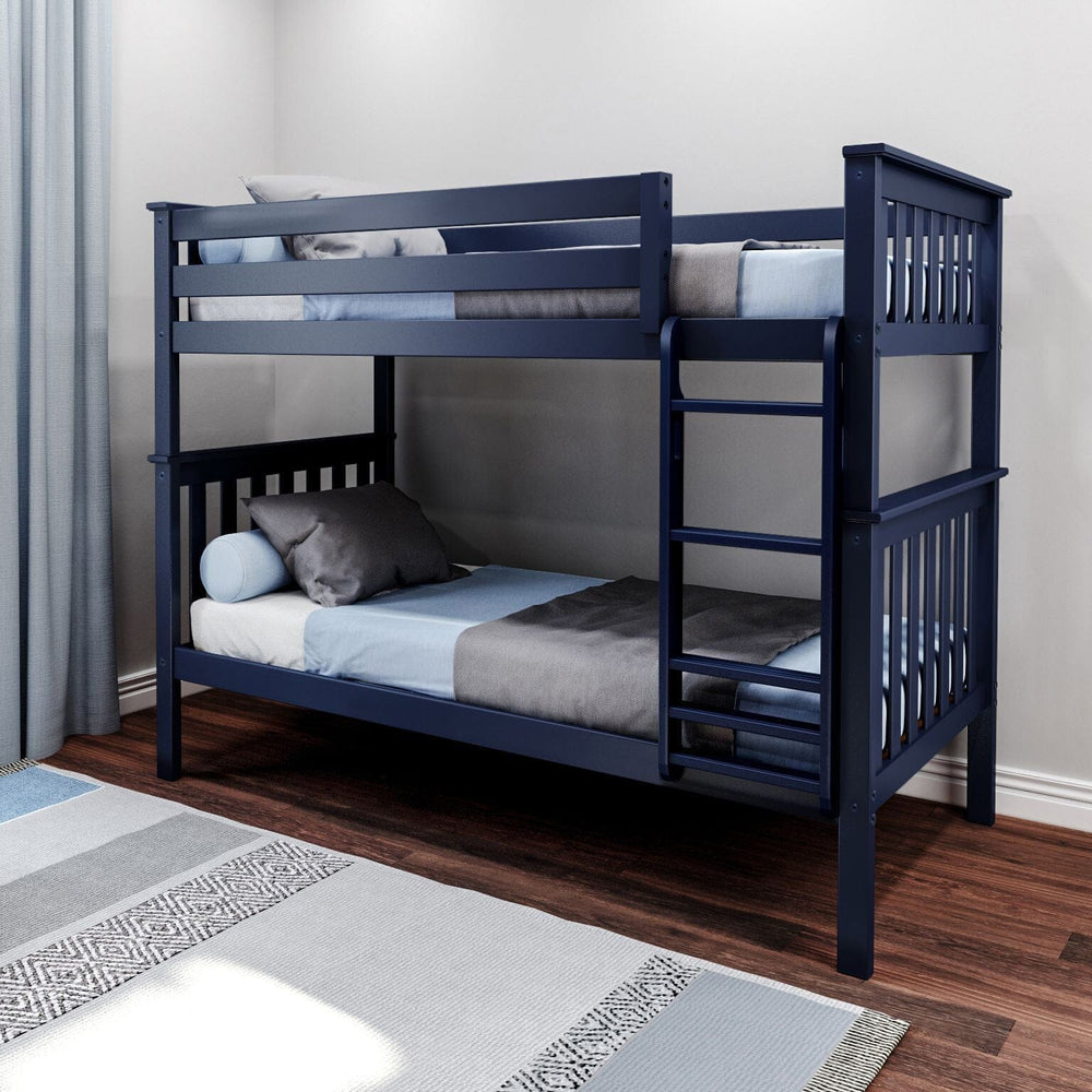 Max And Lily Twin Over Twin Bunk Bed Blue Room Scene Max and Lily Twin Over Twin Bunk Bed in Blue - angled view in a kids' bedroom with layered bedding, safety guardrails, side ladder and a patterned area rug