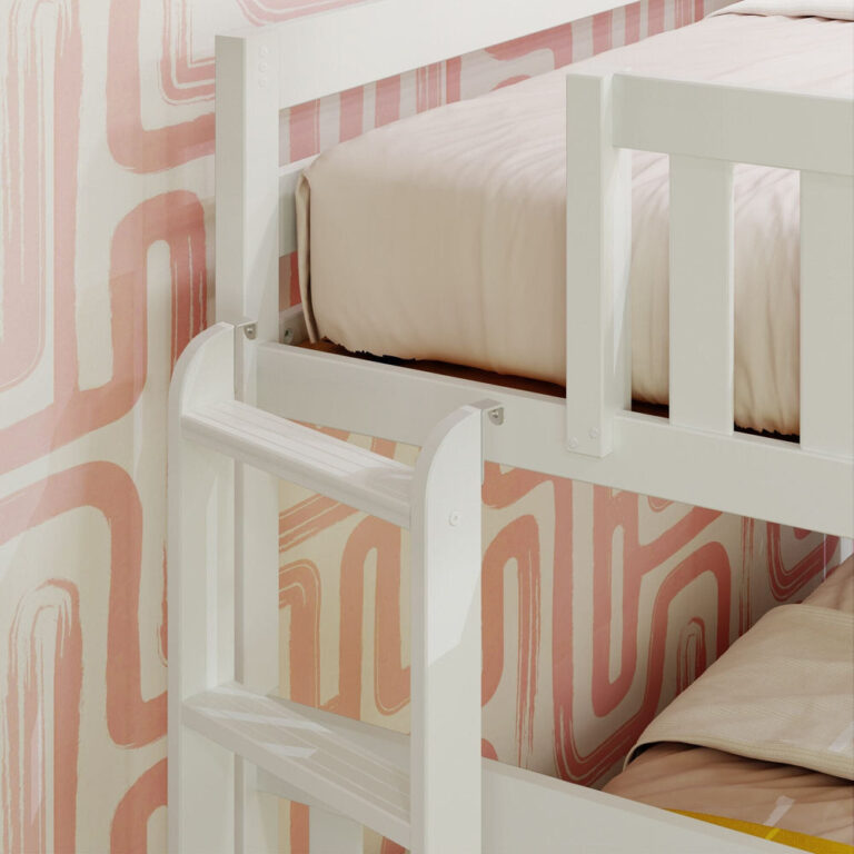 Max and Lily Twin Over Twin Bunk Bed In White with Ladder on End and Storage in White - close-up of the end-mounted ladder and top bunk safety guardrail
