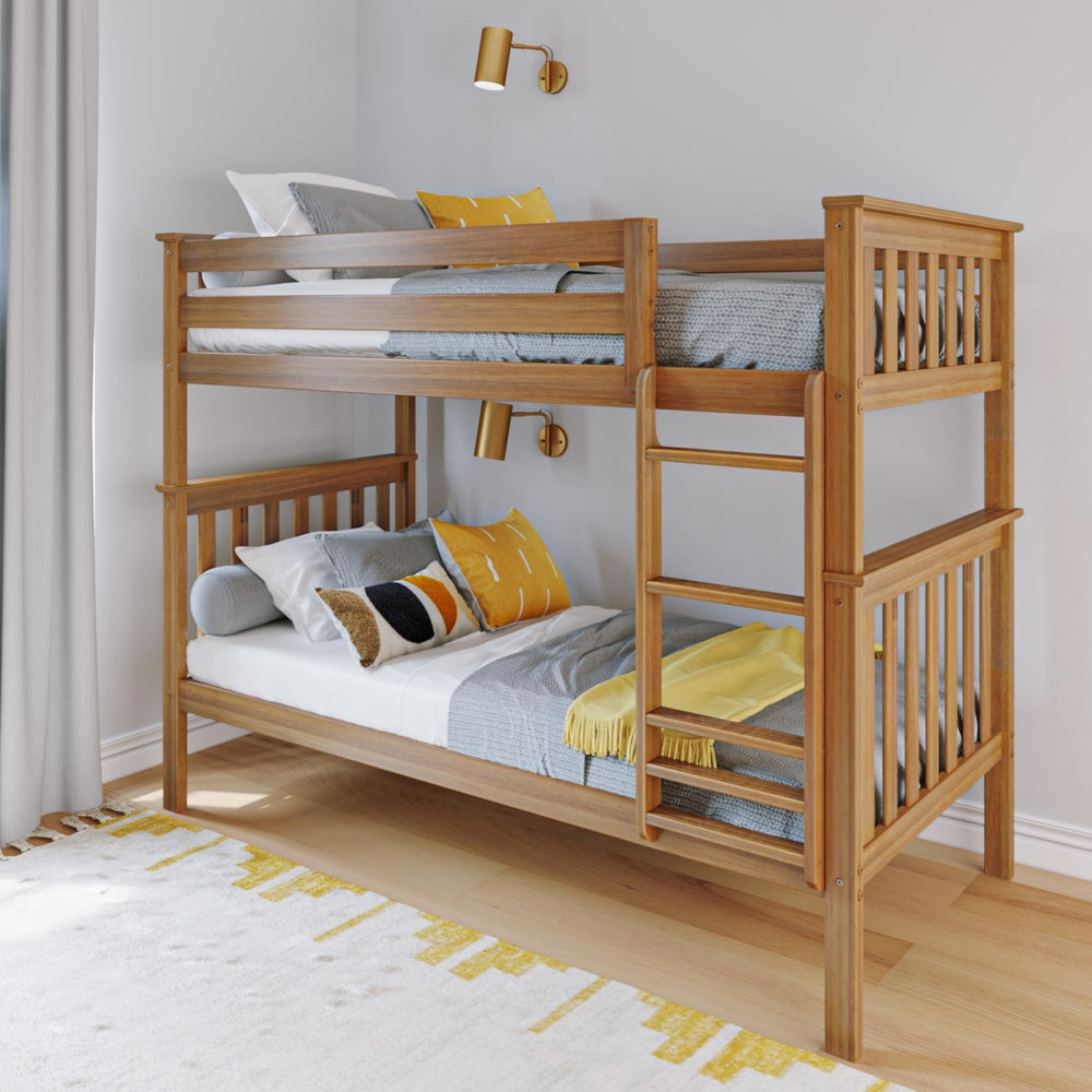 Max And Lily Twin Over Twin Bunk Bed Pecan Angle View Max and Lily Twin Over Twin Bunk Bed in Pecan - angled view of the solid wood bunk bed with safety guardrails and ladder in a styled kids bedroom