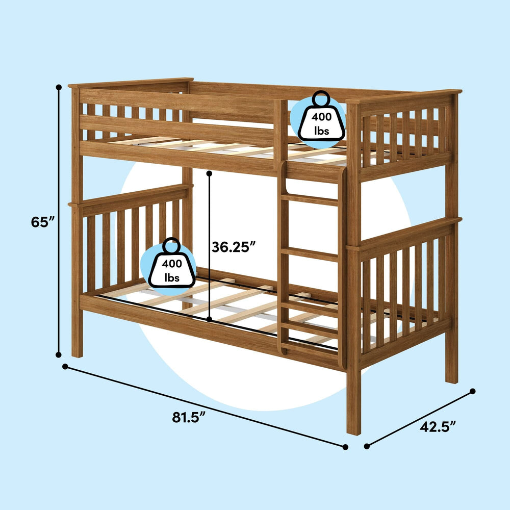 Max And Lily Twin Over Twin Bunk Bed Pecan Dimensions Diagram Max and Lily Twin Over Twin Bunk Bed in Pecan - dimensions diagram showing 81.5 inches long, 42.5 inches wide, 65 inches high, 36.25 inch bunk clearance and 400 lb weight capacity per bunk
