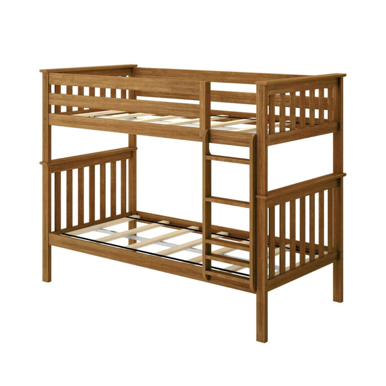 Max And Lily Twin Over Twin Bunk Bed Pecan Frame With Slats Max and Lily Twin Over Twin Bunk Bed in Pecan - bare frame angle view showing the included slat supports, guardrails and ladder