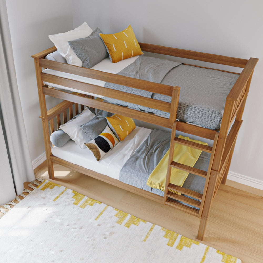 Max And Lily Twin Over Twin Bunk Bed Pecan High Angle View Max and Lily Twin Over Twin Bunk Bed in Pecan - high angle view of both made-up twin bunks with guardrails and ladder in a kids room