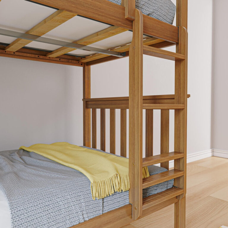 Max And Lily Twin Over Twin Bunk Bed Pecan Ladder Detail Max and Lily Twin Over Twin Bunk Bed in Pecan - close-up of the ladder and the slat support system under the top bunk