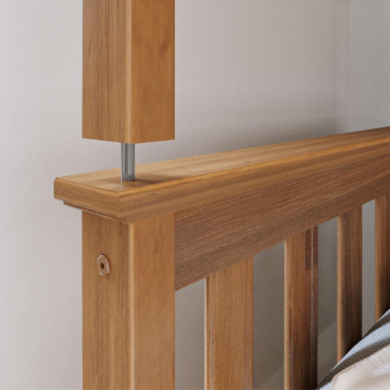 Max And Lily Twin Over Twin Bunk Bed Pecan Post Connection Detail Max and Lily Twin Over Twin Bunk Bed in Pecan - close-up of the metal pin connection joining the top bunk post to the lower bed rail