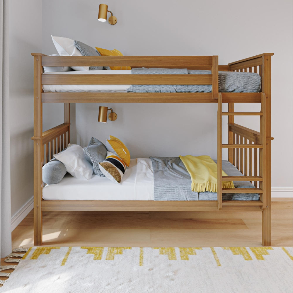 Max And Lily Twin Over Twin Bunk Bed Pecan Side View Max and Lily Twin Over Twin Bunk Bed in Pecan - side view showing both twin bunks with full-length guardrails and end-mounted ladder in a bedroom
