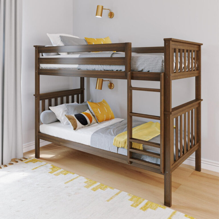 Max And Lily Twin Over Twin Bunk Bed Walnut Angle View Max and Lily Twin Over Twin Bunk Bed in Walnut - angled view in a kids bedroom showing full-length top guardrails, end-mounted ladder, and grey and yellow bedding