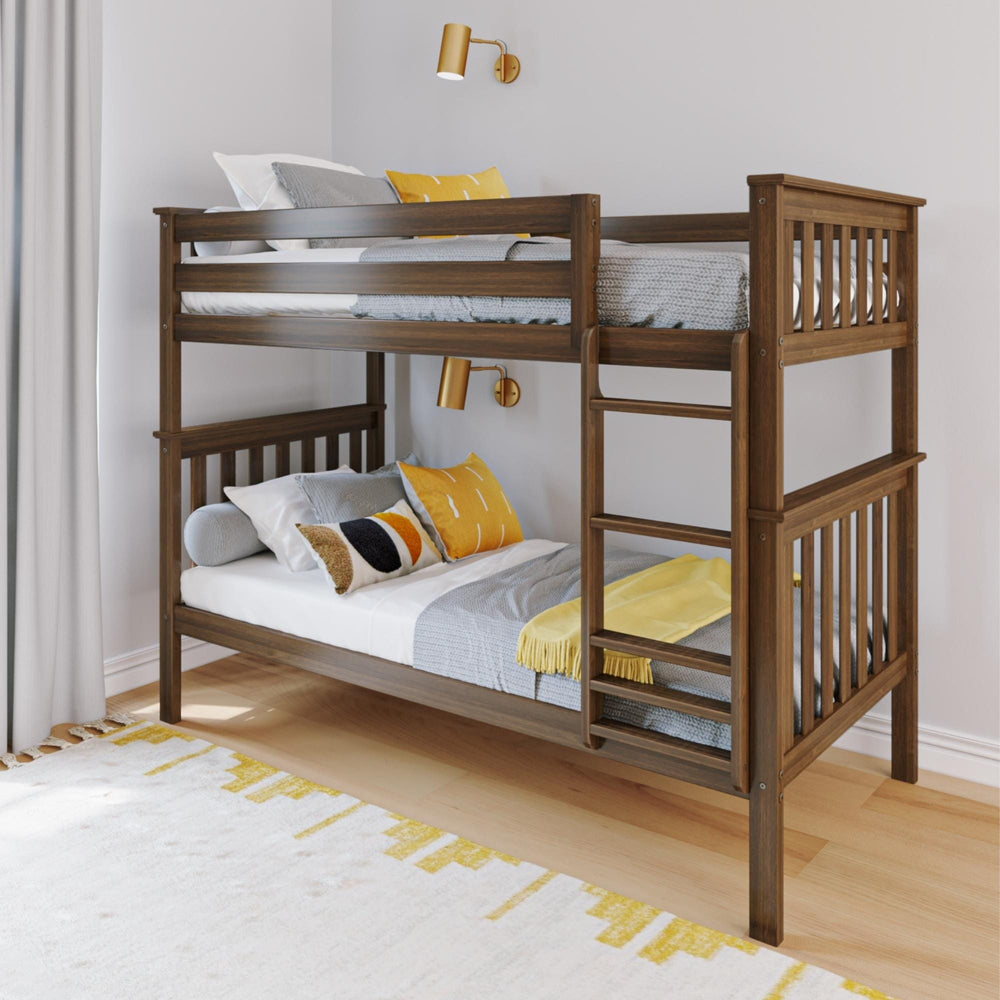 Max And Lily Twin Over Twin Bunk Bed Walnut Angle View Max and Lily Twin Over Twin Bunk Bed in Walnut - angled view in a kids bedroom showing full-length top guardrails, end-mounted ladder, and grey and yellow bedding