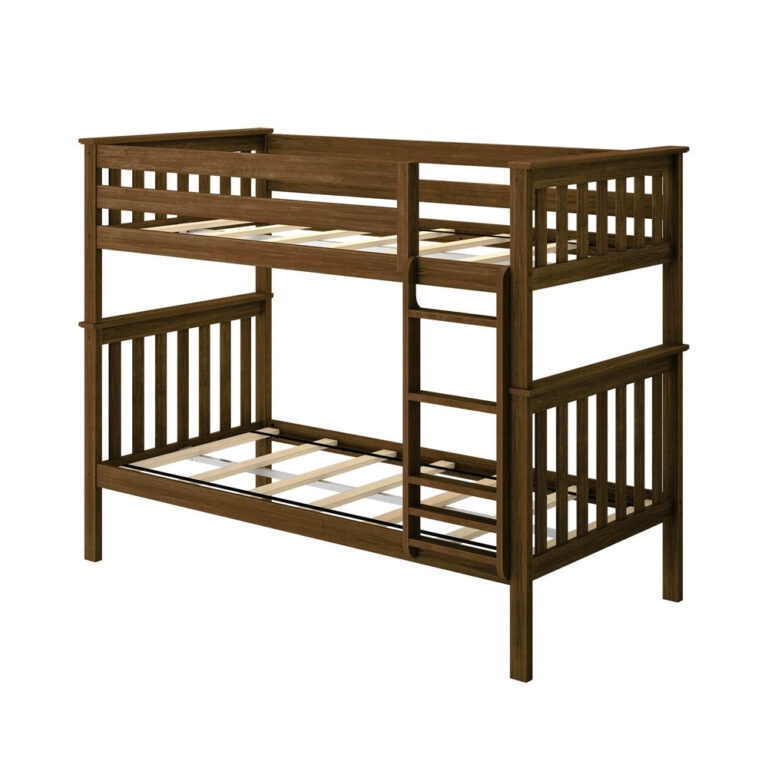 Max And Lily Twin Over Twin Bunk Bed Walnut Frame Angle View Max and Lily Twin Over Twin Bunk Bed in Walnut - bare solid wood frame at an angle showing the slatted bed bases, slatted headboards, and attached ladder