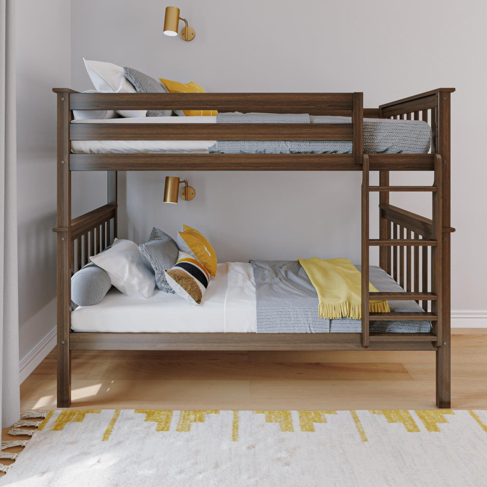 Max And Lily Twin Over Twin Bunk Bed Walnut Front View Max and Lily Twin Over Twin Bunk Bed in Walnut - straight-on view of both made-up twin bunks with top safety guardrails and side ladder in a bright bedroom