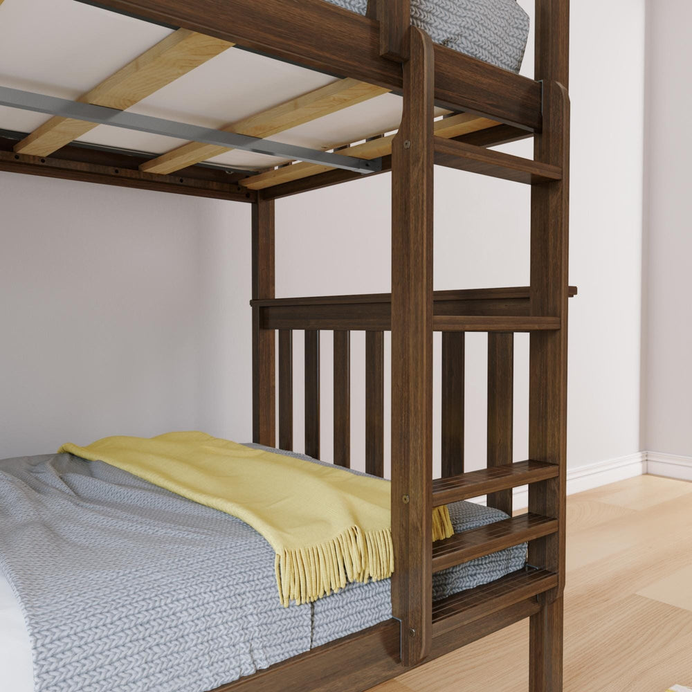 Max And Lily Twin Over Twin Bunk Bed Walnut Ladder Detail Max and Lily Twin Over Twin Bunk Bed in Walnut - close-up of the grooved ladder steps and the wood slats with metal support rail under the top bunk