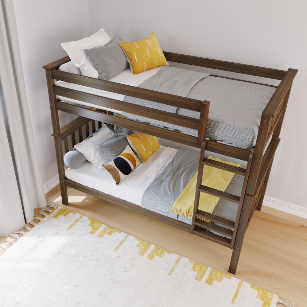 Max And Lily Twin Over Twin Bunk Bed Walnut Overhead Angle View Max and Lily Twin Over Twin Bunk Bed in Walnut - overhead angle of both twin bunks made up with grey and yellow bedding, guardrails and ladder in view