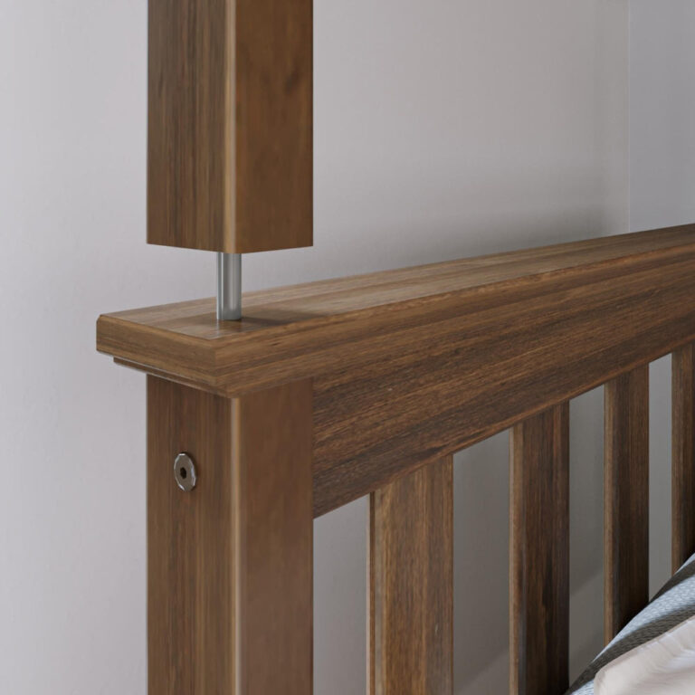 Max And Lily Twin Over Twin Bunk Bed Walnut Post Connection Detail Max and Lily Twin Over Twin Bunk Bed in Walnut - close-up of the headboard post joint with its steel connecting pin and slatted panel