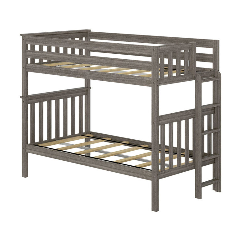 Max and Lily Twin Over Twin Bunk Bed with Ladder on End in Clay - angled studio view of the bare frame showing the wood slat platforms and the ladder attached to the end.