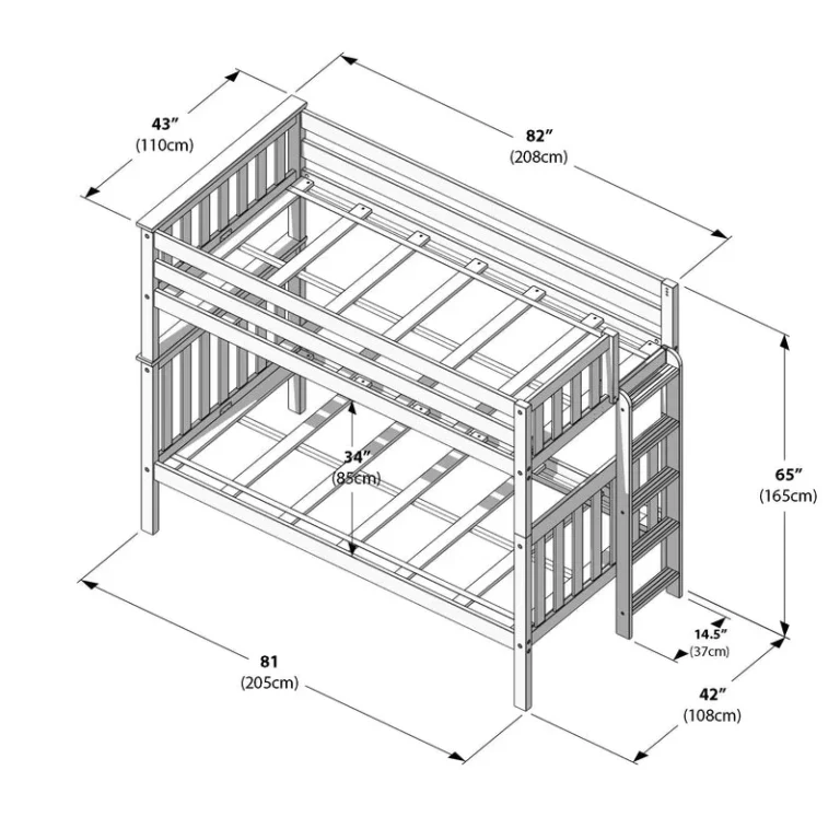 Max and Lily Twin Over Twin Bunk Bed with Ladder on End - dimensions diagram labeling the bed at 82 inches long, 43 inches wide, and 65 inches tall with 34 inch clearance under the top bunk.